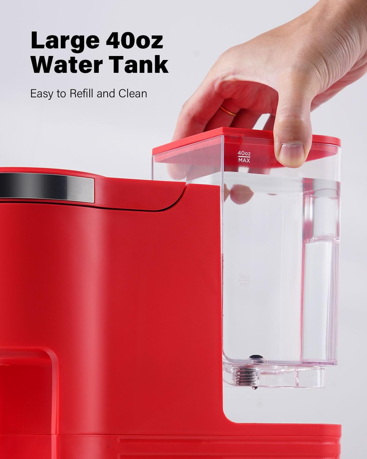 Single Serve Coffee Maker with , Ground Coffee & Tea Compatibility, 6-14oz Adjustable Sizes, 40oz Water Reservoir, Red