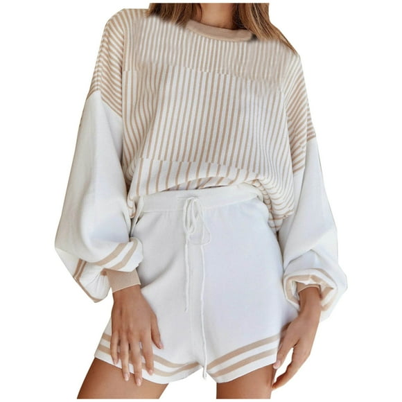 Office Suit Set Women Casual Loose Pocket Drawstring Shorts Long Sleeve High-Neck Round-Neck Blouses Set 2 Piece Tracksuit S-94 Beige L