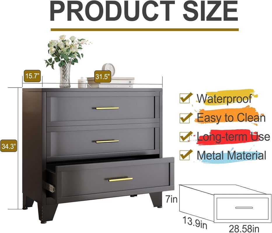 Metal 3 Dresser Chest of Drawers for Bedroom Black White