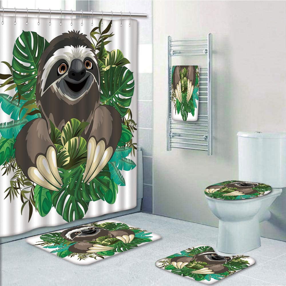 PRTAU Sloth Cartoon Mammal on Tropical Jungle with Banana Leaves Cute