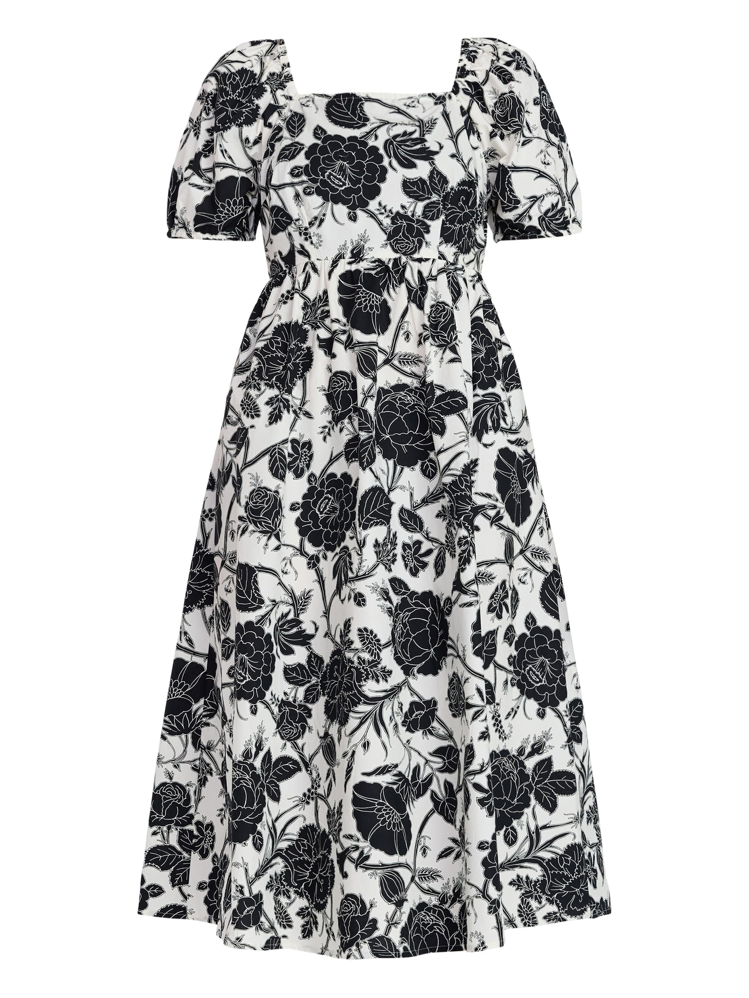 Time and Tru Women's and Women's Plus Cotton Back Tie Midi Dress with Short Puff Sleeves, Sizes XS-4X