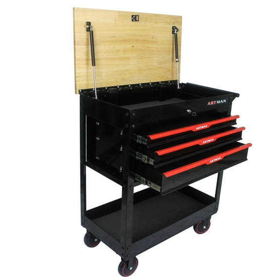 Rolling Tool Cart with 3-Drawer Utility Tool Box with Wheels Wood Top Mechanic Tool Storage Organizer Cabinet for Garage, Warehouse, Workshop, Repair Shop
