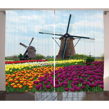 Country Bedding And Curtains Windmill Curtains 2 Panels Set, Bedding Plants of Netherlands Farm Country Heritage Historical Architecture Theme, Window Drapes for Living Room Bedroom, 108W X 96L Inches, Multicolor, by Ambesonne ()