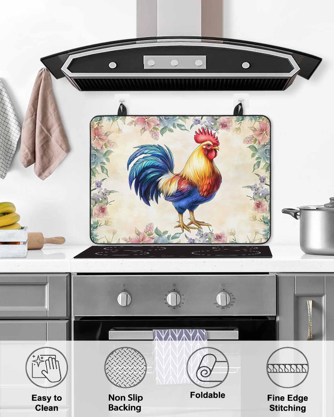nqOlkjepod Large Induction Cooktop Protector Mat 24"x21", Farmhouse Chicken Stove Top Covers for Electric Stove, Watercolor Flowers Floral Farmhouse Stove Burner Cover Mats, Glass Top Stove Cover