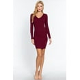 thumbnail image 2 of Saronite Basic Bodycon Ribbed Knit V Neck Long Sleeve Mini Dress, Wine (Women's), 2 of 4