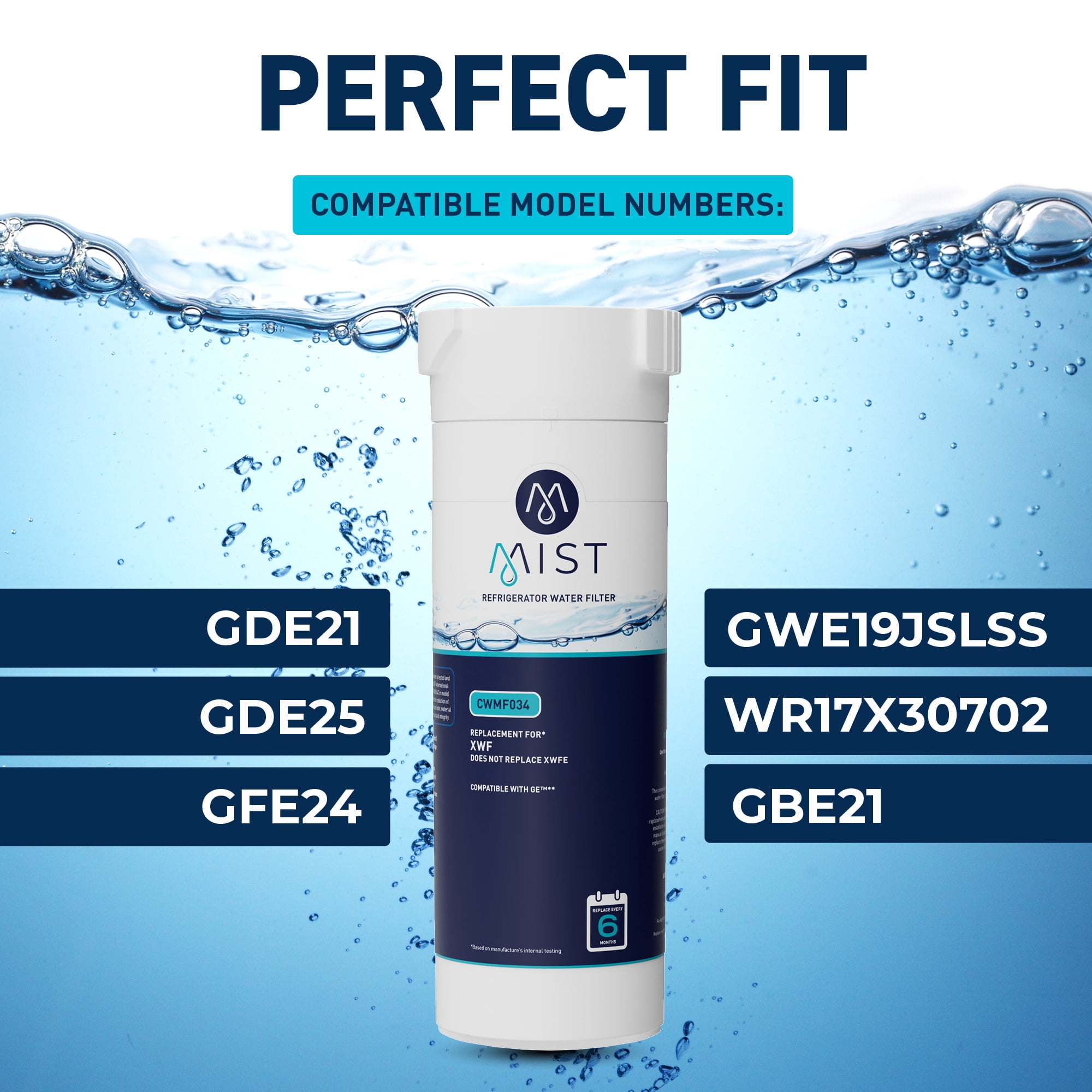 Mist XWF Refrigerator Water Filter Replacement Cartridge for GE, Compatible with GWE19JSLSS, WR17X30702, GBE21, GDE21, GDE25, GFE24 (Not XWFE) GE XWF Water Filter, 3-pack