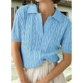thumbnail image 3 of Women's Cable Knit Sweater Short Sleeve V Neck Soft Casual Pullover Top Solid Color Light Blue S, 3 of 4