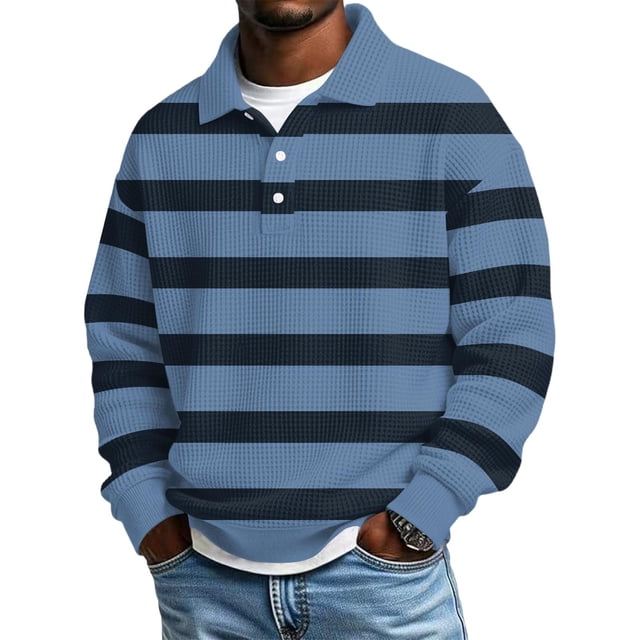 Ceisia Men's Vintage Waffle Knit Polo Sweater | Loose Drop-Shoulder Color Block Striped Long Sleeve Pullover Gifts