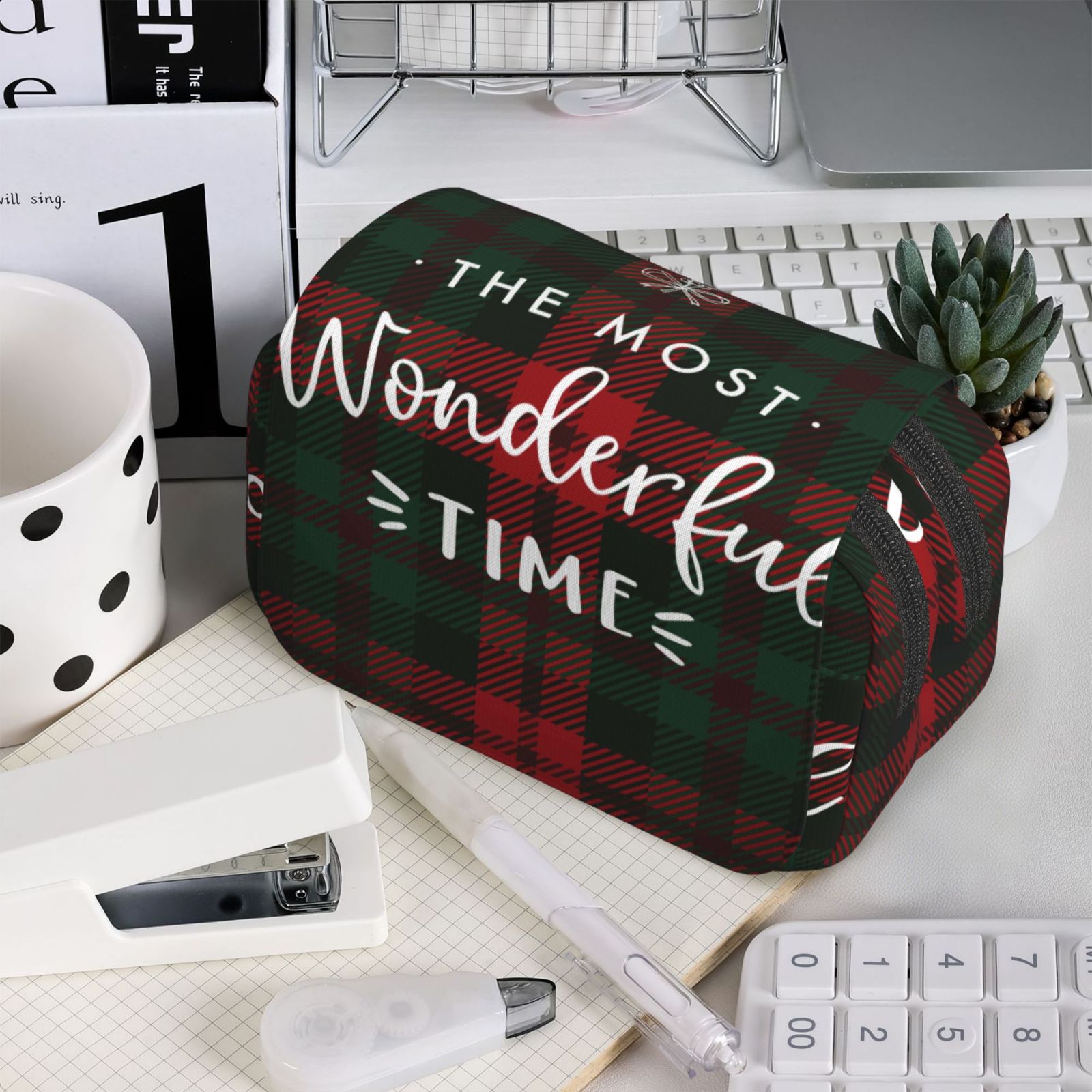 Rateoe Wonderful Time Christmas Pattern Double Clamshell Pen Case, Storage Organizer with Two Zipper Compartments– Holds Up to 50 Pencils & Pens