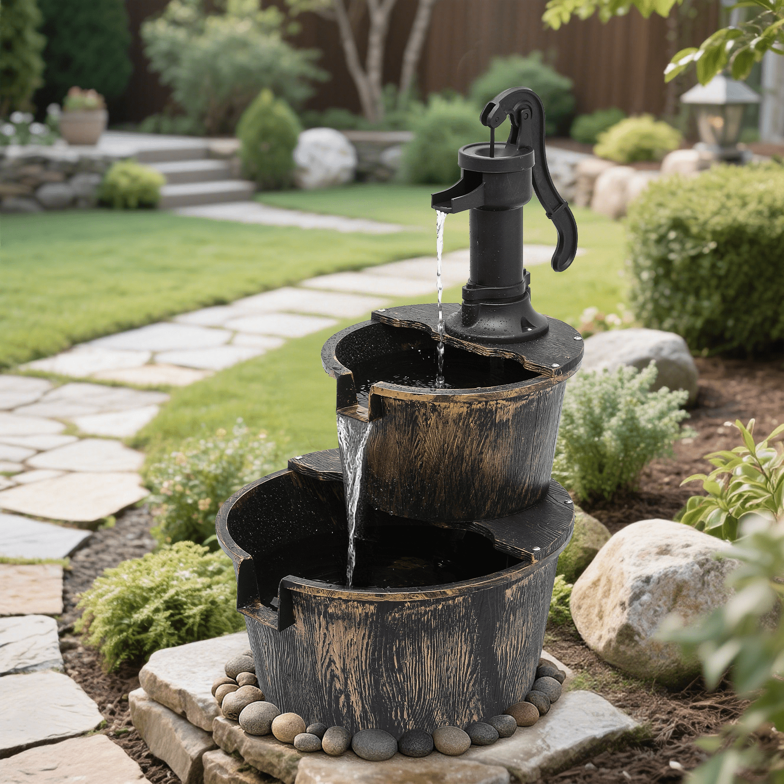 MoNiBloom 2-Tier Barrel and Pump Fountain Outdoor, 27" Tall Cascading Waterfall Fountain with Electric Recirculating Pump for Garden Patio Backyard Decor, Bronze