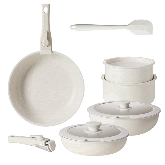 SHOUFTW 12pcs Non-Stick Cookware Set, Pots and Pans Set with Spatula and Detachable Handle for Kitchen, Beige