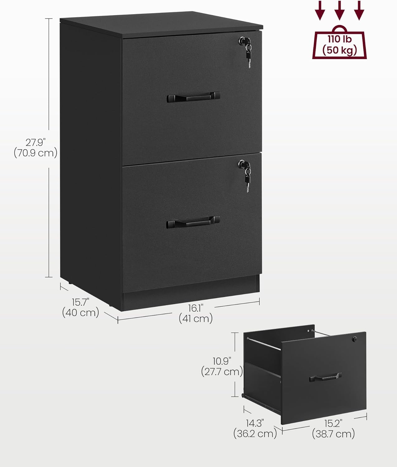 VASAGLE 2-Drawer Vertical File Cabinet Filing Cabinet Printer Stand Adjustable Hanging Rail for A4 and Letter-Size Files Ink Black