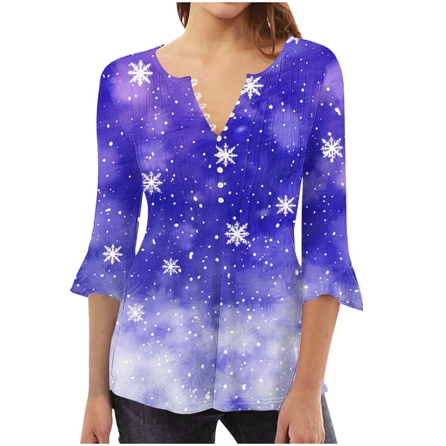 Camisetas con Cuello en V Mujeres Moda Impresa 3/4 Mangas Blusa, Top Cómodo Casual para el Hogar Y Diario