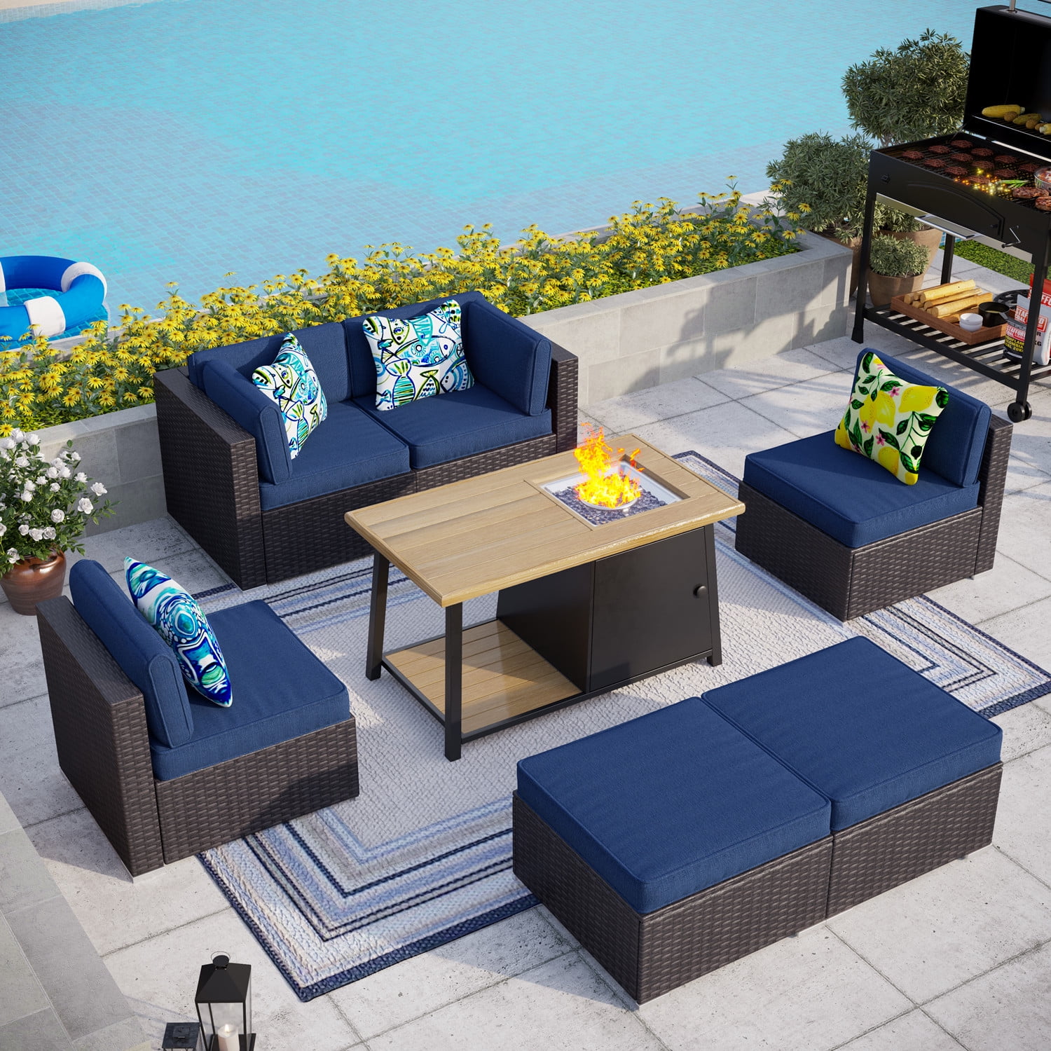 MF Studio 7 Pieces Outdoor Patio Furniture Set with 46-Inch 50,000 BTU Fire Pit Table Patio Conversation Set with Navy Blue Cushions