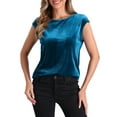 thumbnail image 1 of Blusa de terciopelo INSPIRE CHIC para mujer, con mangas cortas, básica, de cuello redondo, para oficina y casual, color azul pavo real, 1 of 6