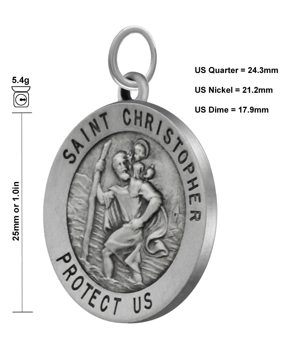 US Jewels And Gems 1.0in Round 0.925 Sterling Silver St Saint Christopher Medal Pendant Necklace