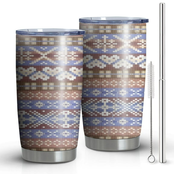 20oz Tumblers Boho Blue Knitted Ethnic Pattern Stainless Steel Vacuum Insulated Double Wall Travel Tumbler Cups Mug with Lid and Straw,Cleaning Brush for Cold & Hot Drinks