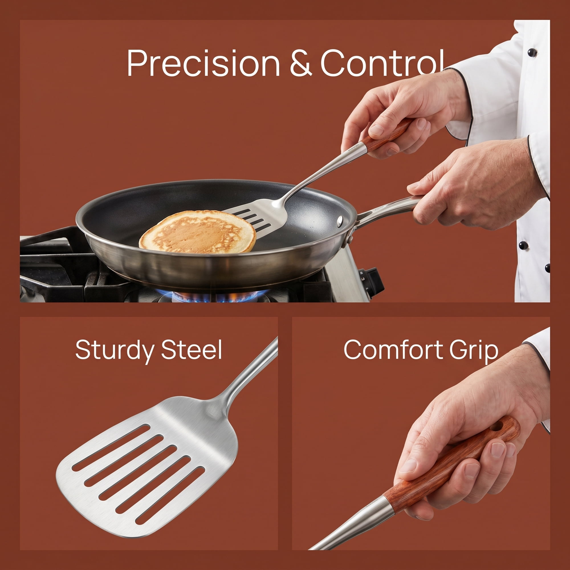 Unique Bargains Cooking Utensil Set, Stainless Steel Kitchen Gadgets Brown C 3pcs