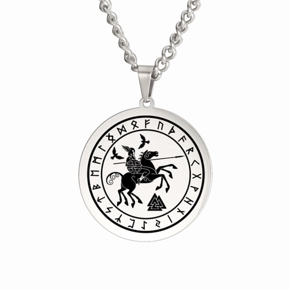 TEAMER Odin on Sleipnir Pendant Necklace Viking Norse Mythology Othala Rune Circle Scandinavian Amulet Silver Stainless Steel Jewelry