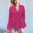thumbnail image 2 of Holzkary Women's Long Bell Sleeve Tops Ruffle Blouse for Work Dressy Casual Work Tunic Shirts Clothes 2025 Fashion V Neck Drilling Solid Color Long Sleeve Blouses Light Weight Work Shirts Hot Pink S, 2 of 5