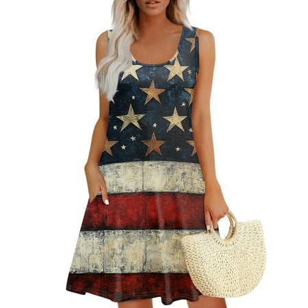 DBAIXID July 4th Womens Dress Square Neckline Red White and Blue 1776 Patriotic Sleeveless Summer Dresses Plus Size Homefront Heroes Fashion Knee Length Beach Dress with Pockets Beige S