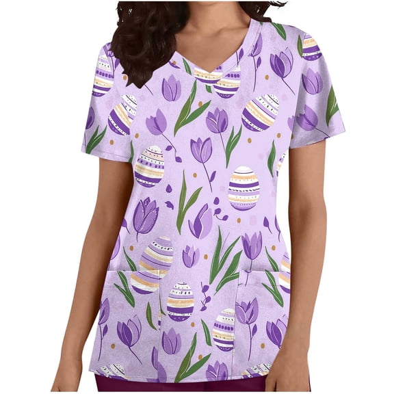 WMTBSRSW V Neck Easter Scrubs Shirts for Women with Pockets Cute Easter Graphic T Shirts Colorful Summer Work Scrub Tops Casual Short Sleeve Tee Wine Large