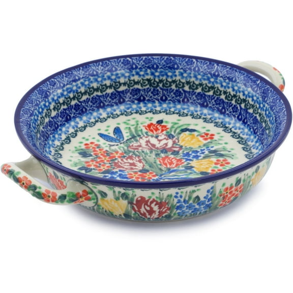 Polish Pottery Round Baker with Handles Medium Polmedia Dragonfly Bouquet Theme UNIKAT Hand Painted in Boleslawiec, Poland   Certificate of Authenticity