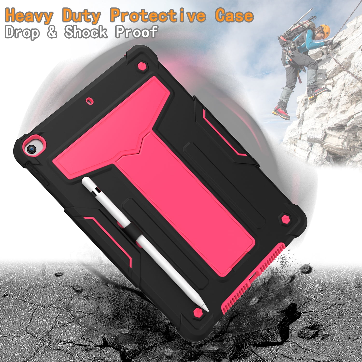 Allytech iPad 7th Generation Cases, iPad 10.2" 2019 Case Heavy Duty Hybrid PC + Silicone Drop Protection Rugged Case with Pencil Holder Built-in Kickstand for Apple iPad 10.2 inch, Black/Rose