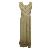 Mogul Women's Bohemian Maxi Dress Floral Embroidered Stonewashed Rayon Long Hippy Chic Dresses XS