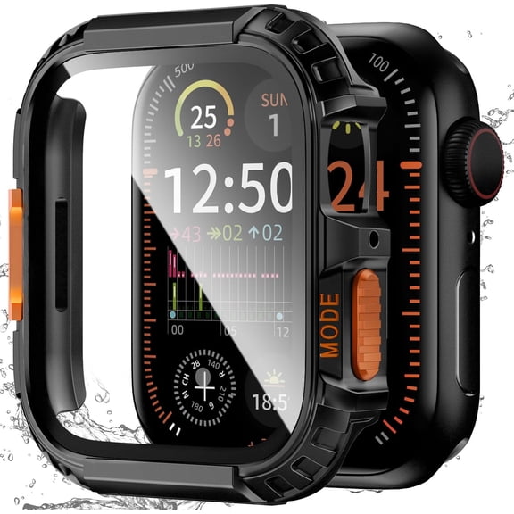 Black Splash‑Safe iWatch Protective Bumper Shell | Fits Apple Watch Series 9,8,7 45mm, Hard PC Case With Built‑in Tempered‑Glass Screen Guard for Daily Sports & Shower Use