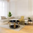 thumbnail image 3 of Circular Metal Drum Base Coffee Table having Black Mirror Top & Lower Shelf, 3 of 26