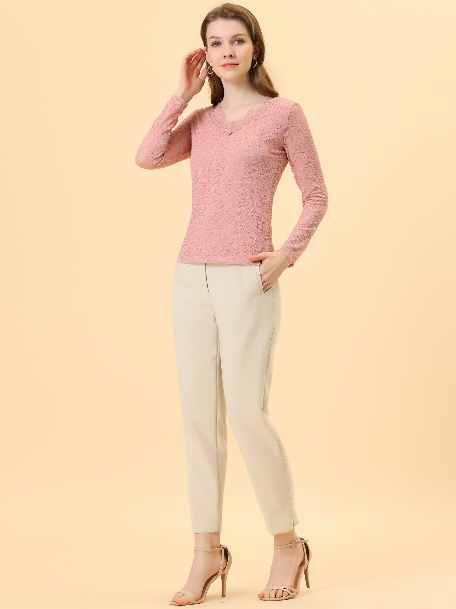 DARING DIVA Floral Lace Shirt Lace Scalloped Trim Blouse S Pink