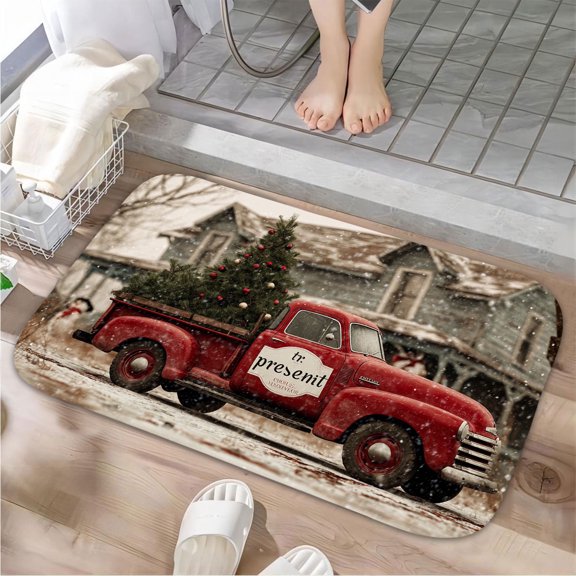 1pc Red Vintage Truck Absorbent Non-Slip Bathroom Thickened Flannel Rug Decor,Soft,Quick Drying,Suitable For Indoor/outdoor Use,Bathrooms,Bedrooms,Kitchens,Terrace,Laundry Rooms,16"x24"