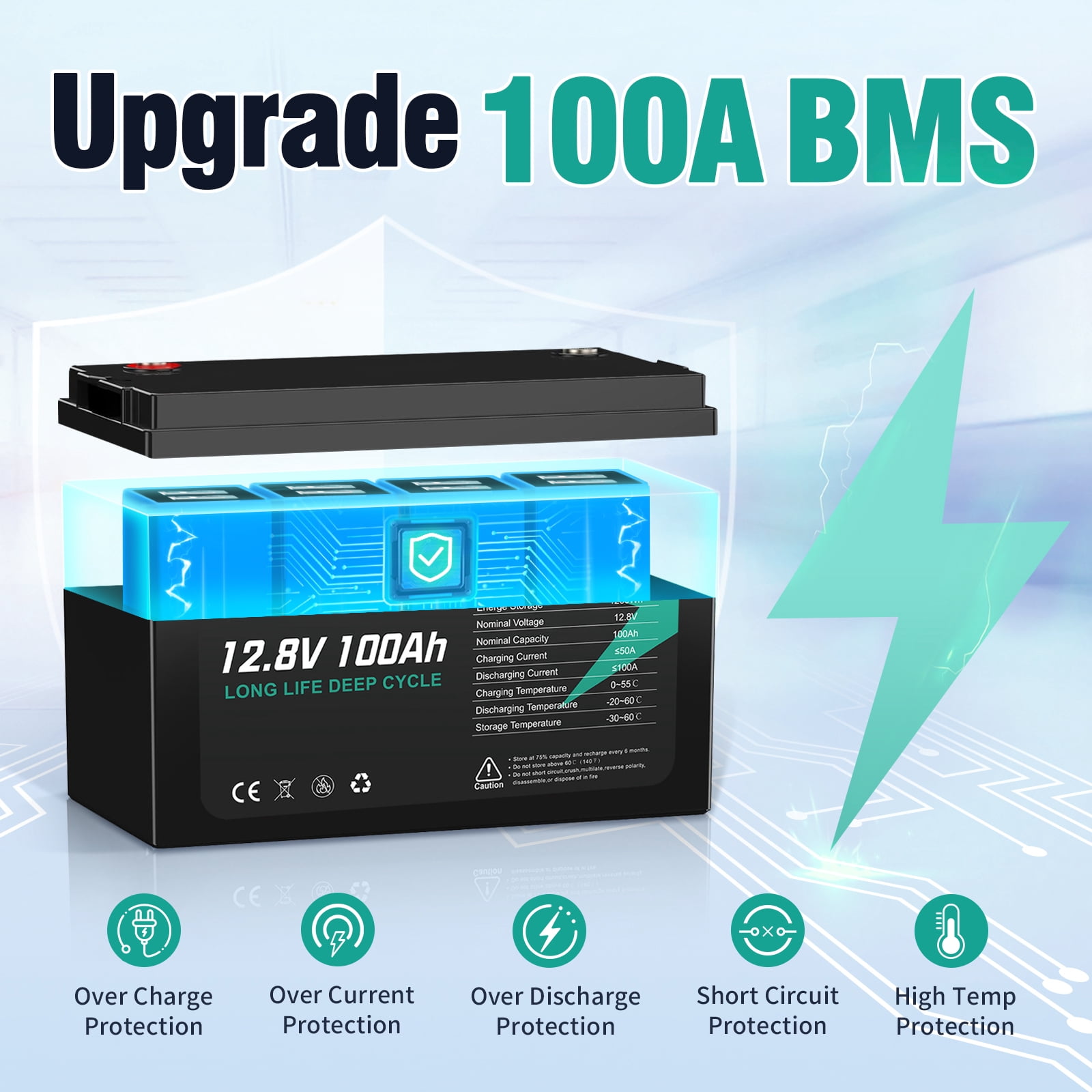 12V 100Ah LiFePO4 Battery, 100A Bms, Deep Cycles for Rvs, Marine, Solar, off-Grid