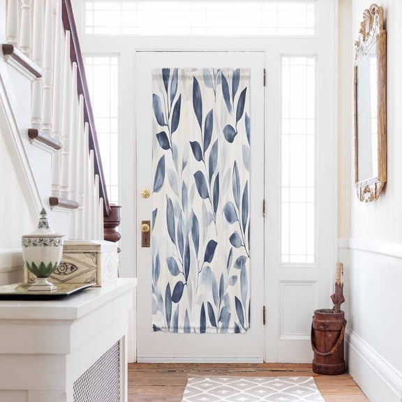 Navy Blue Botanical Door Curtains for Door Window, French Sidelight Front Back Door Curtains With Tieback, Pastoral Spring Leaves Watercolor Kitchen Rod Pocket Drapes Panel, 25"x72"
