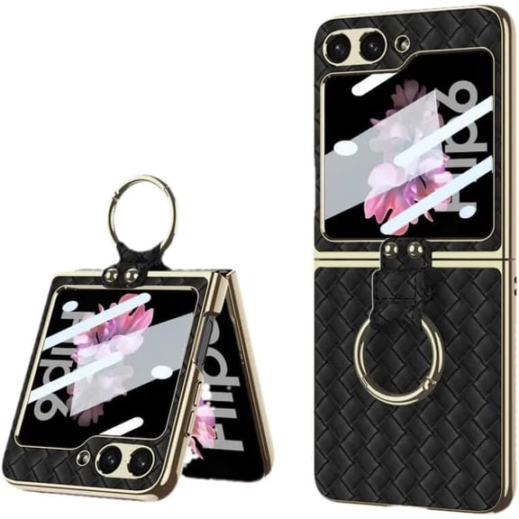 Compatible with Samsung Galaxy Z Flip 6 Case Ring Holder Stand Woven Leather Cover Built in Small Screen Protector Camera Protector Women Men Kickstand Phone Case for ZFlip 6 5G (2024) Black