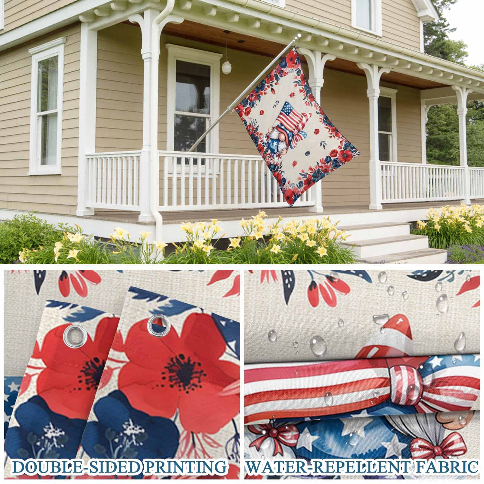 4th of July Flags for Outside 3x5 ft Patriotic Gnome Outdoor Flags Double Sided Grommets House Banner USA Flag Poppy Flower Patio Yard Flag for Outdoor Party Porch Independence Day Decor