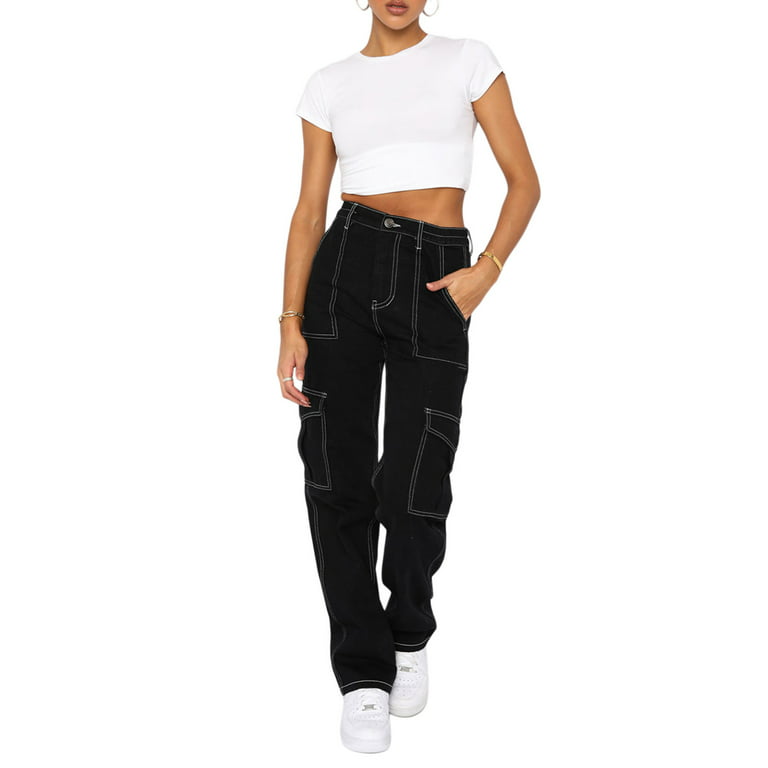 Black Wide Leg High Waisted Cargo Trousers
