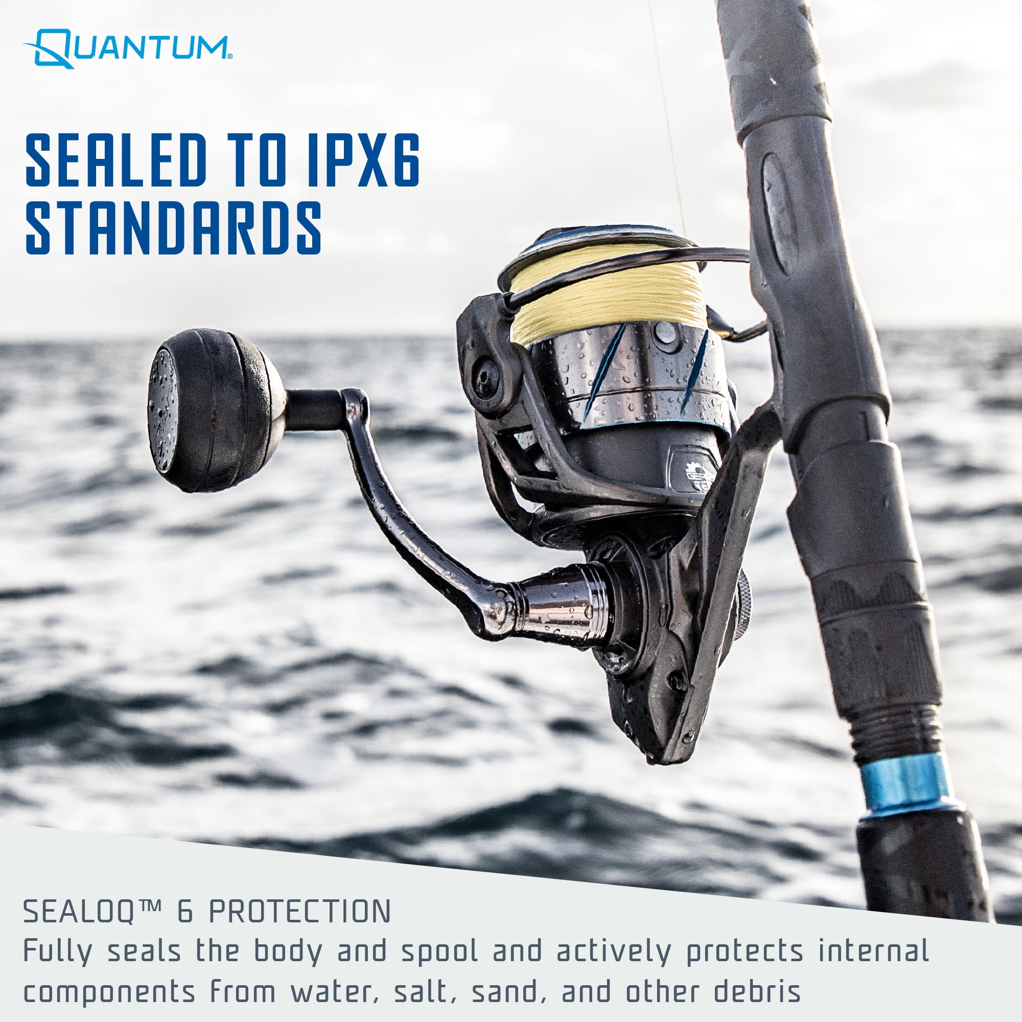 Quantum Benchmark Spinning Fishing Reel, Size 2500 Reel, 5+1 Bearings, 6.2:1 Gear Ratio, Aluminum Frame, SEALOQ 6 Protection, GEARTEQ Machined Gears, CFX200 Carbon Fiber Xtreme Drag, Silver/Blue