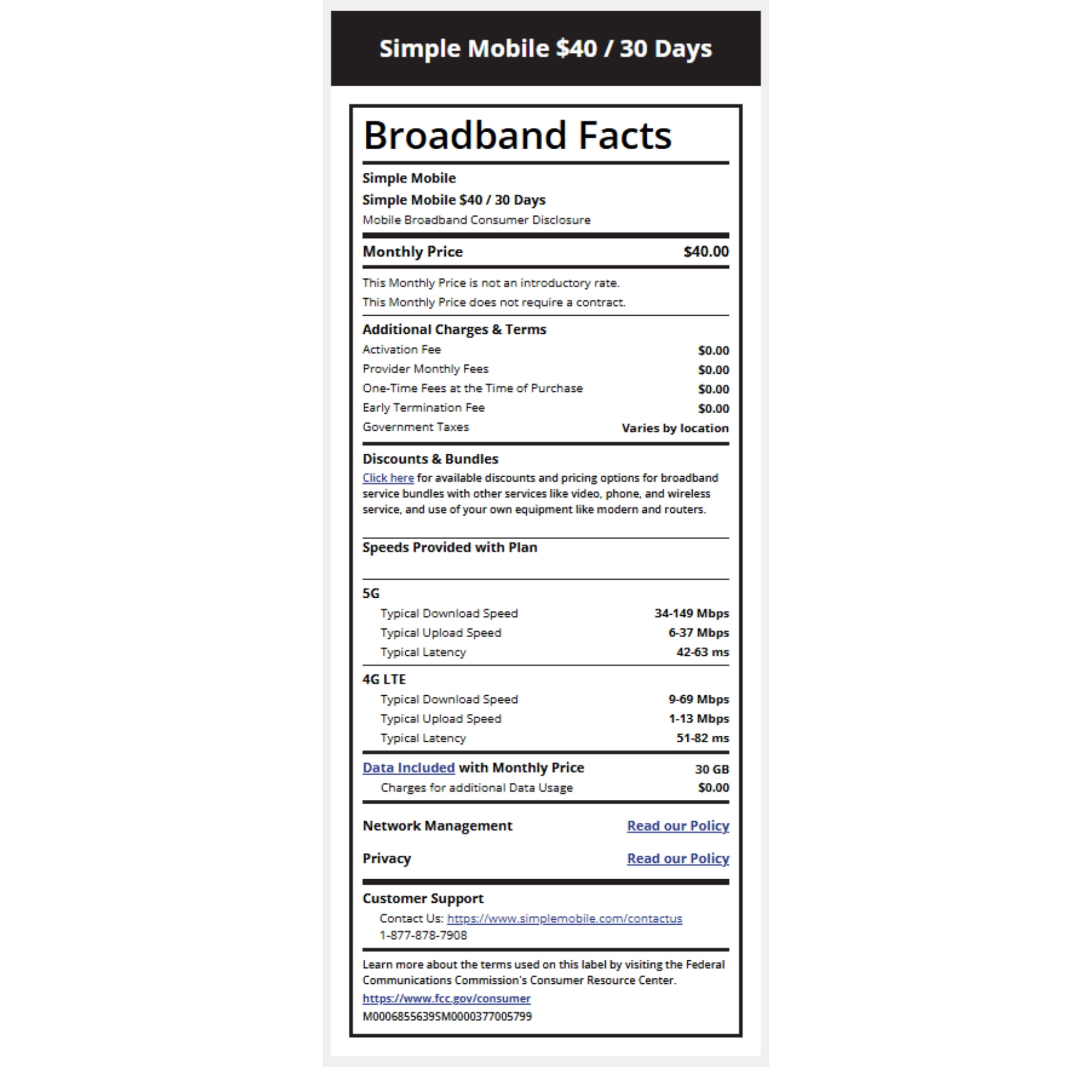 Simple Mobile $40 Unlimited Talk & text 30-Day Prepaid Plan (30GB at high speeds) + International Calling Credit Direct Top Up
