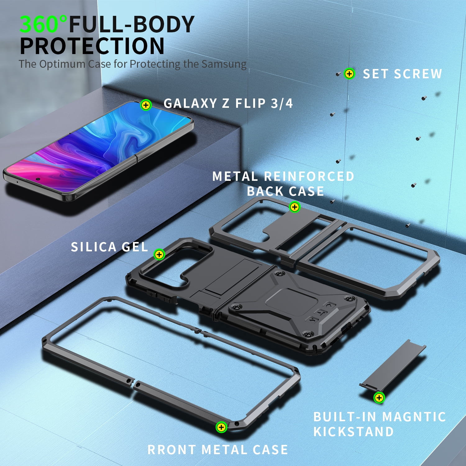 ELEHOLD for Samsung Galaxy Z Flip 4/3 6.7" Case, Heavy Duty Armor Built-in Explosion-Proof Tempered Glass Screen Protector Wireless Charging Hang Rope Hidden Kickstand Shockproof Rugged Case,Black