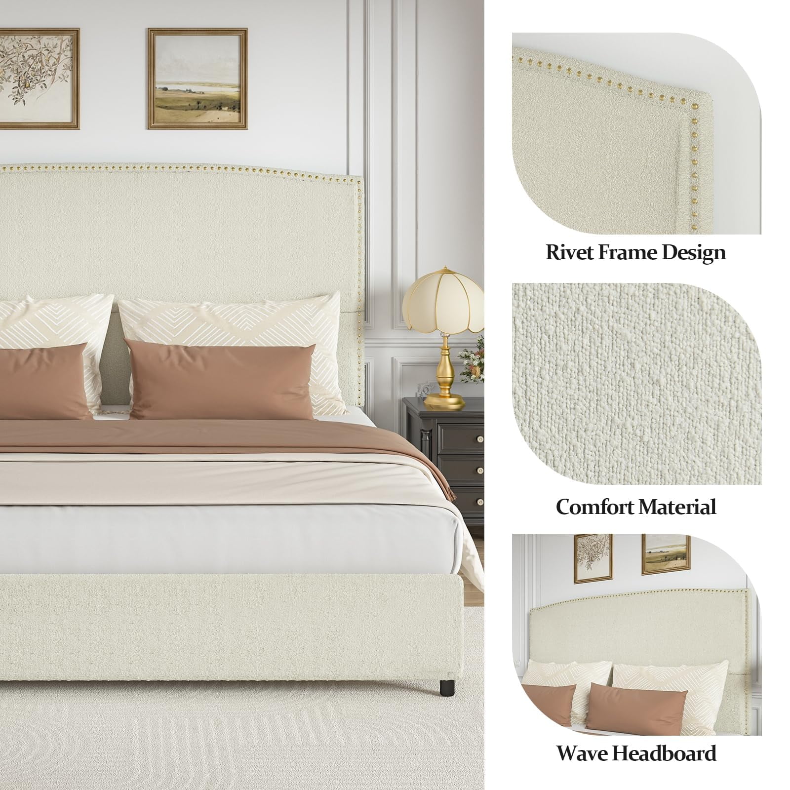 4 EVER WINNER Queen Bed Frame with 56" Tall Headboard, Queen Size Bed Fwith Nailhead Trim Headboard, Queen Upholstered Platform Bed, Beige