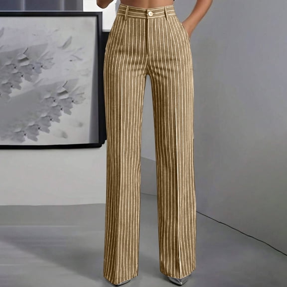 sdhkgrrt Women's High Waisted Wide Leg Trousers with Pockets Striped Business Casual Dressy Pants Lounge Office Wear Loose Palazzo Pant Fall Fashion Outfits, Khaki XS