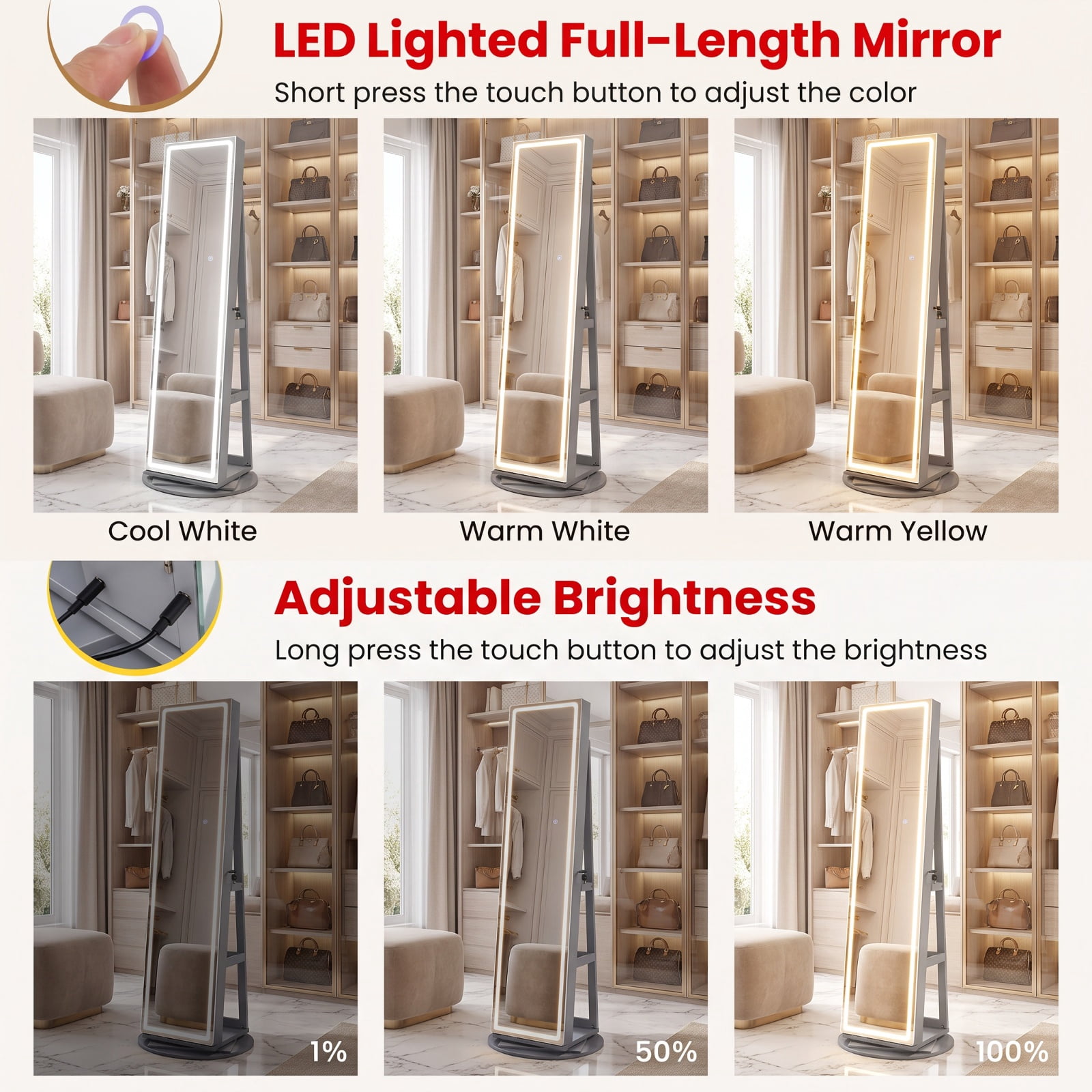 Furnibear Standing Jewelry Cabinet with Adjustable LED Lights for Bedroom Dressing Room Jewelry Necklace Rings Storage Mirror, Gray