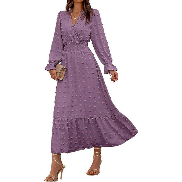 Gspmoly Robes d'Été pour Femmes, Robe Décontractée à la Mode et au Tempérament pour Femmes à Manches Longues et Col en V, Robes Formelles pour Femmes en Liquidation