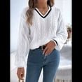 thumbnail image 4 of Suéter Informal de Larga con Cuello en V para Mujer, Jersey de Rayas Moderno de Punto , Suéteres Preppy. L, 4 of 10