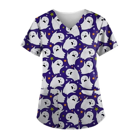 

Graphic Scrub Tops Woman Causal V-Neck Ghost Graphic Blouse Short Sleeve T-Shirt Summer Halloween Pockets Tops