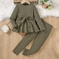 thumbnail image 4 of CPNG Girls Clothes Rib-Knit Outfit Ruffle Sleeve Shirt with Belt 3Pcs Straight Wide Leg Pant Set Teen Girls Fashionable Casual Dress Set(Blackish Green,8-9 Years), 4 of 8