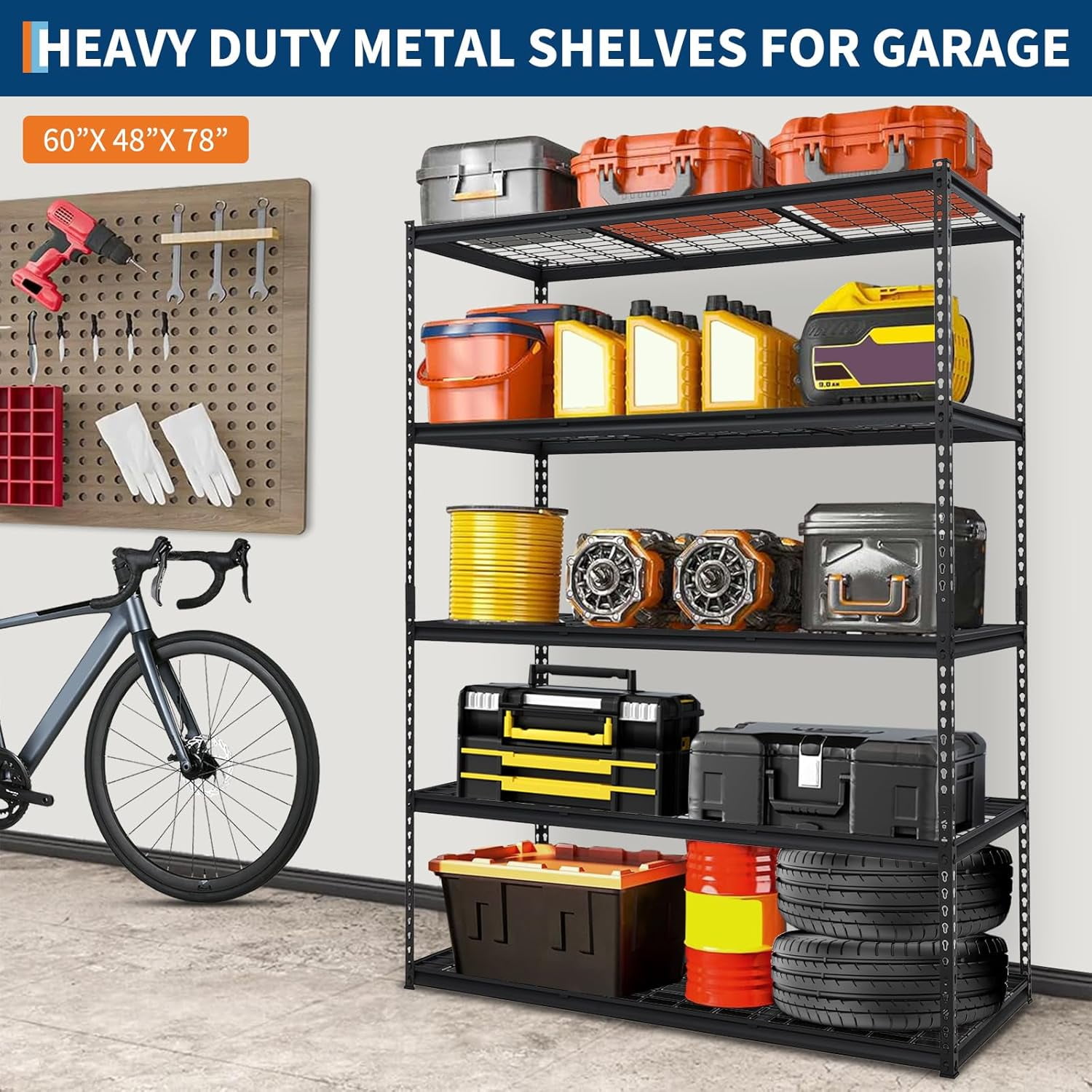 2500LBS 60" W x 24" D x 72" H Heavy Duty Garage Shelving, Adjustable 5-Tier Storage Shelves, Industrial Metal Shelving Units, Steel Organizer Wire Rack, Black