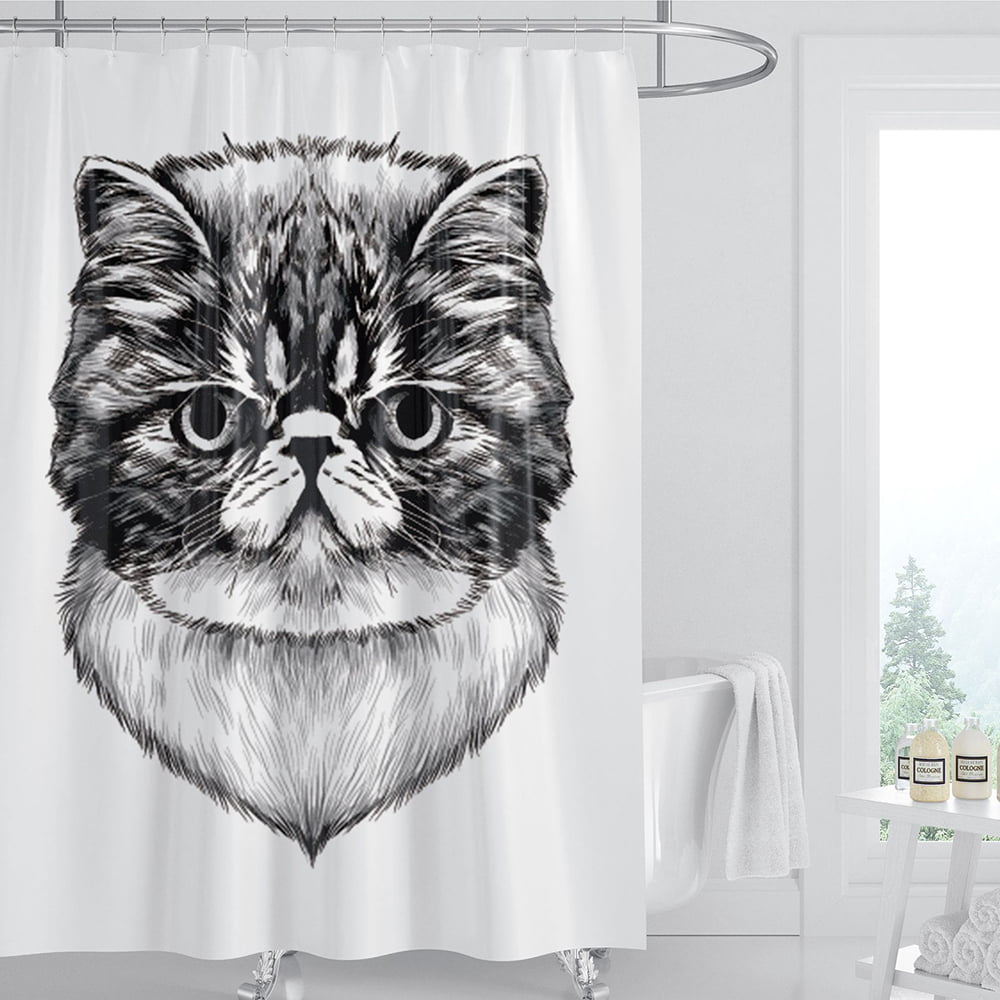 Cute Cat Shower Curtain Set Fabric Bathroom Decor Waterproof  12 Hooks 71"x71" 